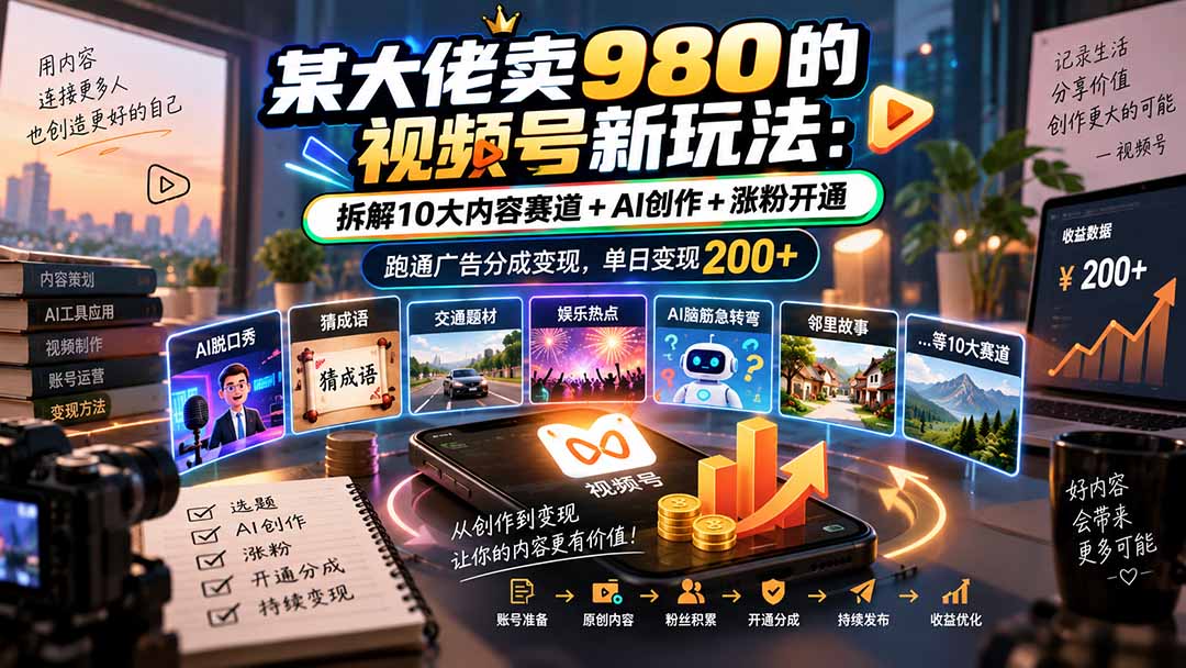 某大佬卖980的视频号新玩法：拆解10大内容赛道+AI创作+涨粉开通，跑通广告分成变现，单日变现200+-迦哆网创社