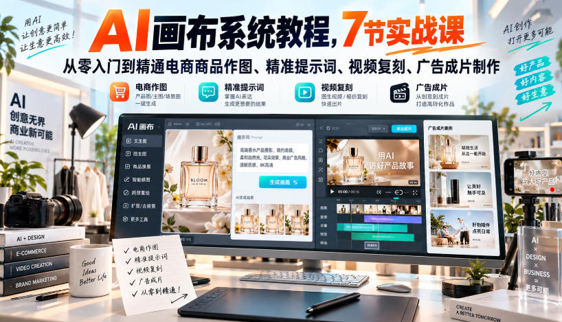 AI画布系统教程,7节实战课从零入门到精通电商商品作图、精准提示词、视频复刻、广告成片制作-迦哆网创社