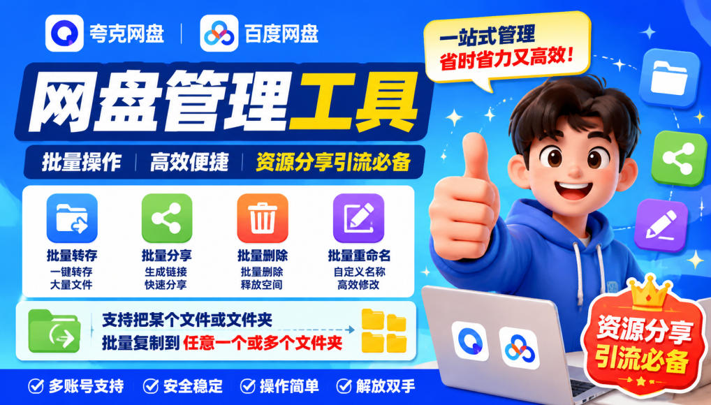 夸克网盘批量文件重命名,批量转存、批量分享、批量复制,内置AI功能-迦哆网创社