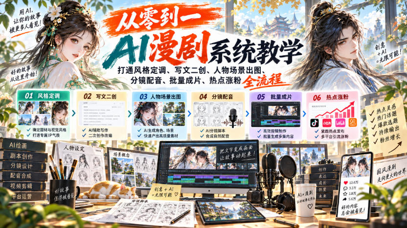 从零到一AI漫剧系统教学,打通风格定调、写文二创、人物场景出图、分镜配音、批量成片、热点涨粉全流程-迦哆网创社