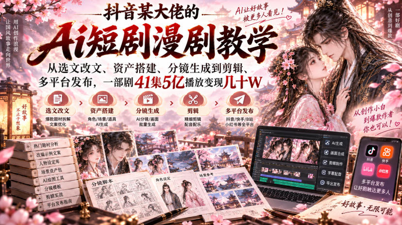 抖音某大佬的Ai短剧漫剧教学,从选文改文、资产搭建、分镜生成到剪辑、多平台发布,一部剧41集5亿播放变现几十W-迦哆网创社