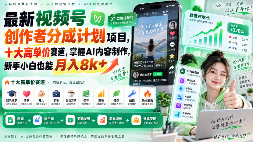 最新视频号创作者分成计划项目,十大高单价赛道,掌握AI内容制作,新手小白也能月入8k+-迦哆网创社