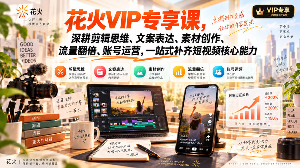 花火VIP专享课，深耕剪辑思维、文案表达、素材创作、流量翻倍、账号运营，一站式补齐短视频核心能力-迦哆网创社