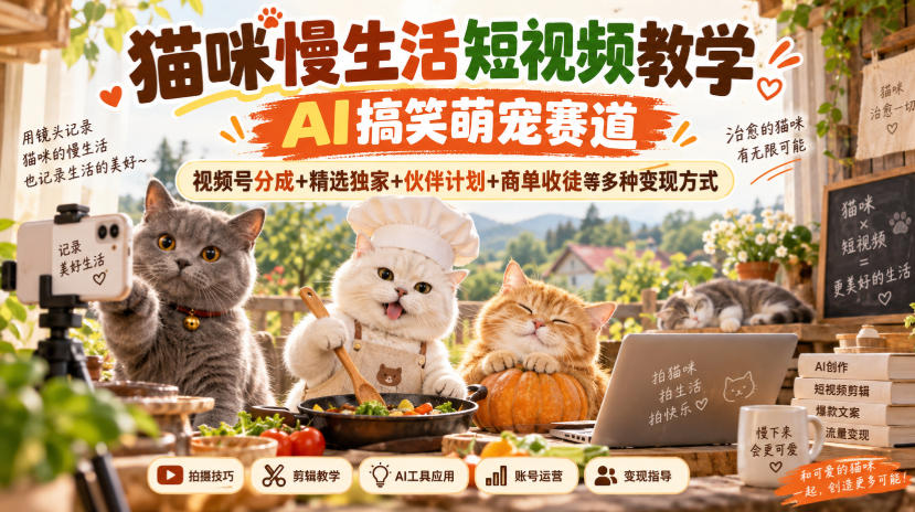 猫咪慢生活短视频教学,AI搞笑萌宠赛道,视频号分成+精选独家+伙伴计划+商单收徒等多种变现方式-迦哆网创社