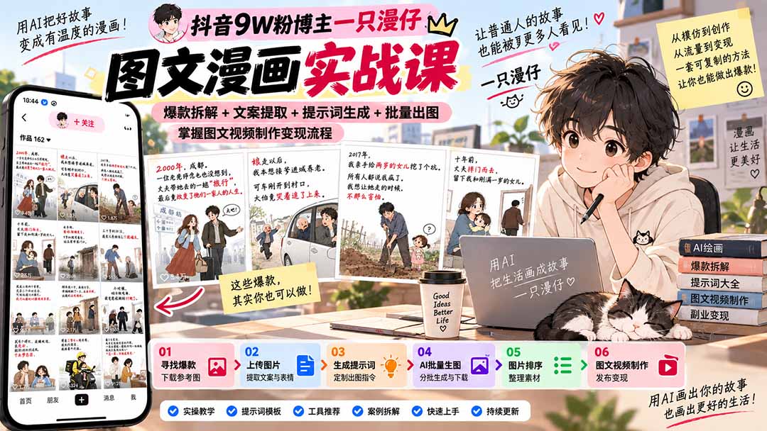 抖音9W粉博主一只漫仔图文漫画课:爆款拆解+文案提取+提示词生成+批量出图,掌握图文视频制作变现流程-迦哆网创社
