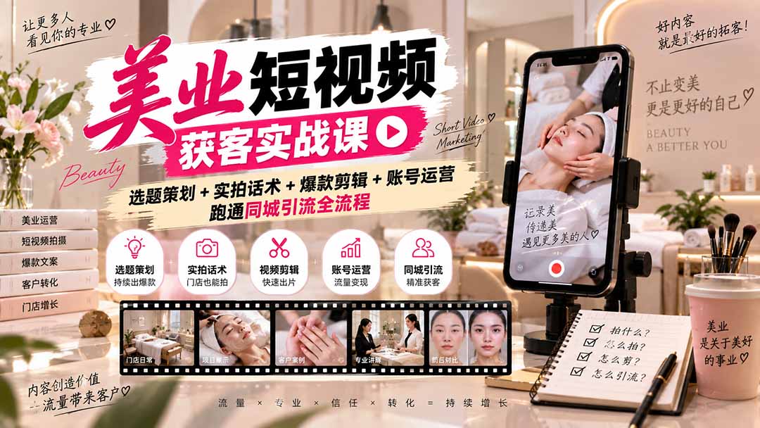 美业短视频获客实战课-无水印:选题策划+实拍话术+爆款剪辑+账号运营,跑通同城引流全流程-迦哆网创社