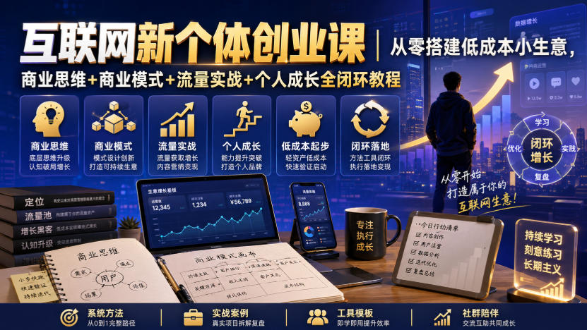 互联网新个体创业课|从零搭建低成本小生意,商业思维+商业模式+流量实战+个人成长全闭环教程(更新0922)-迦哆网创社
