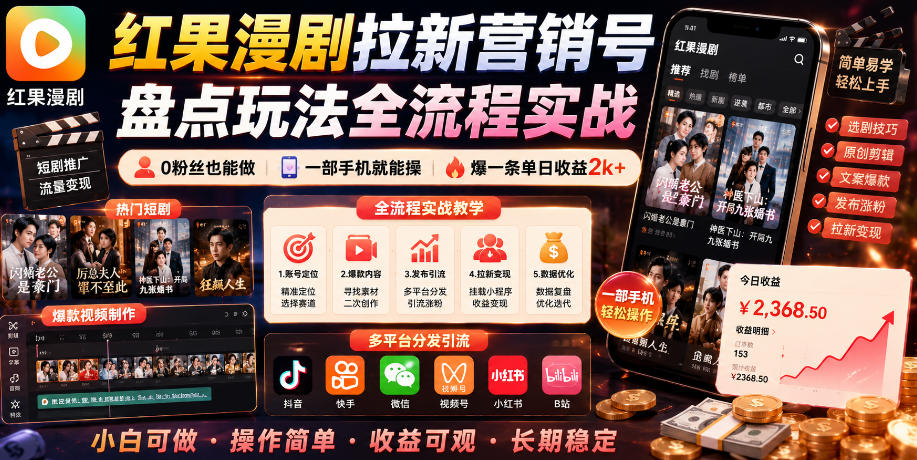 红果漫剧拉新营销号盘点玩法全流程实战,0粉丝也能做,一部手机就能做,爆一条单日收益2k+(更新0922)-迦哆网创社
