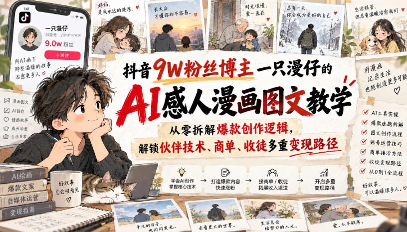 抖音9W粉丝博主一只漫仔的AI感人漫画图文教学,从零拆解爆款创作逻辑,解锁伙伴技术、商单、收徒多重变现路径-迦哆网创社