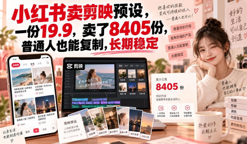 小红书卖剪映预设,一份19.9,卖了8405份,普通人也能复制,长期稳定-迦哆网创社