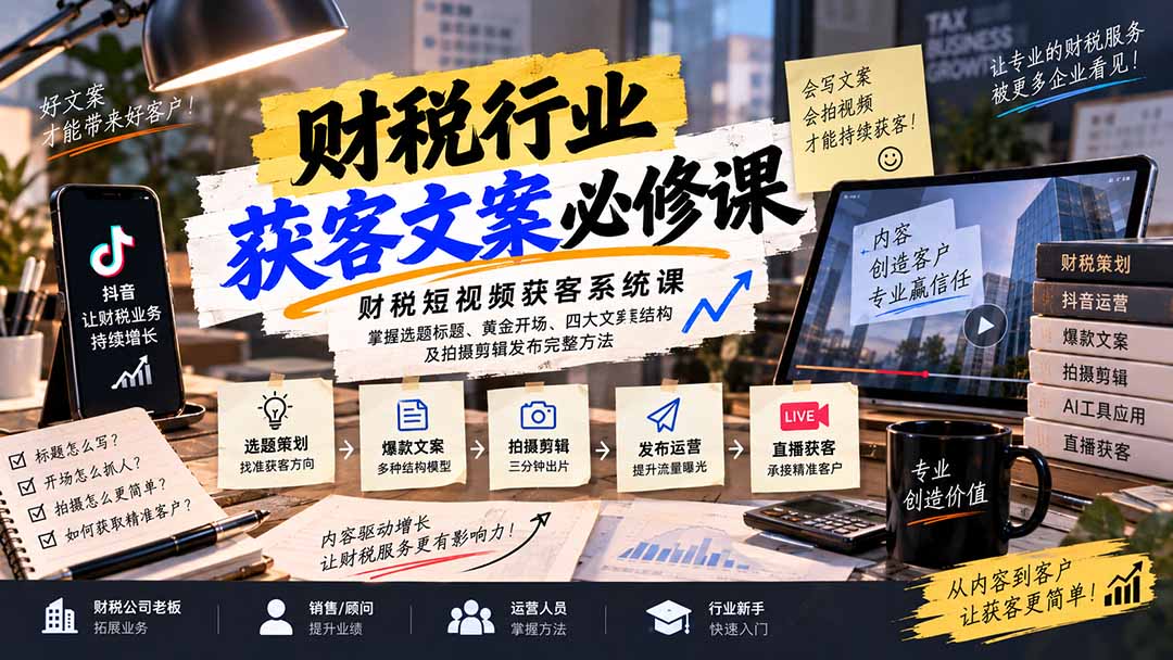 财税短视频获客系统课：掌握选题标题、黄金开场、四大文案结构及拍摄剪辑发布完整方法-迦哆网创社
