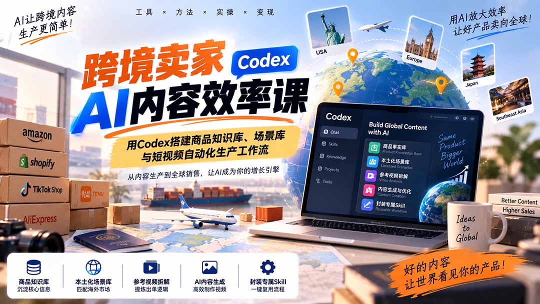 跨境卖家AI内容效率课：用Codex搭建商品知识库、场景库与短视频自动化生产工作流-迦哆网创社