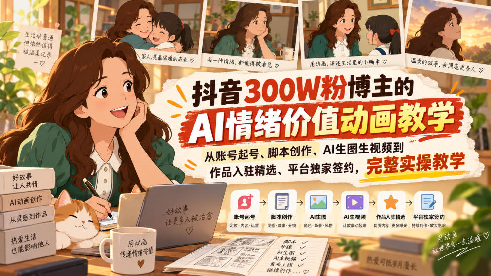 抖音300W粉博主的AI情绪价值动画教学，从账号起号、脚本创作、AI生图生视频到作品入驻精选、平台独家签约，完整实操-迦哆网创社