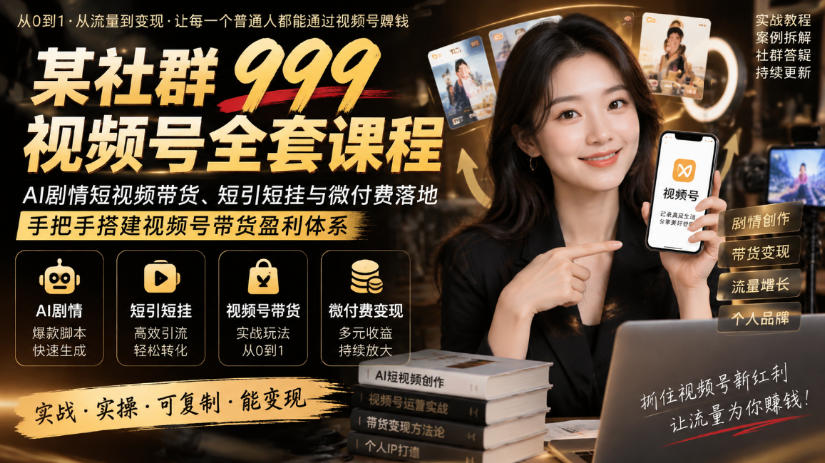 某社群999视频号全套课程，AI剧情短视频带货、短引短挂与微付费落地，手把手搭建视频号带货盈利体系-迦哆网创社