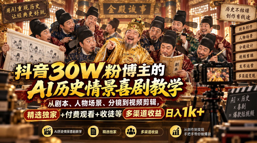 抖音30W粉博主的AI历史情景喜剧教学，从剧本、人物场景、分镜到视频剪辑，精选独家+付费观看+收徒等多渠道收益日入1k+-迦哆网创社