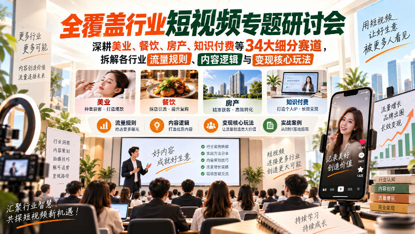 短视频专题研讨会,深耕美业、餐饮、房产、知识付费等34大细分赛道,拆解各行业流量规则、内容逻辑与变现核心玩法-迦哆网创社