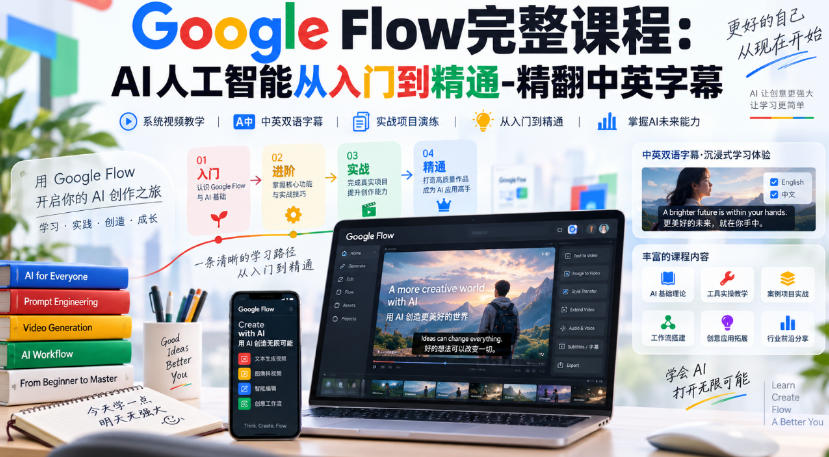 【无水印】Google Flow完整课程:AI人工智能从入门到精通-精翻中英字幕-迦哆网创社