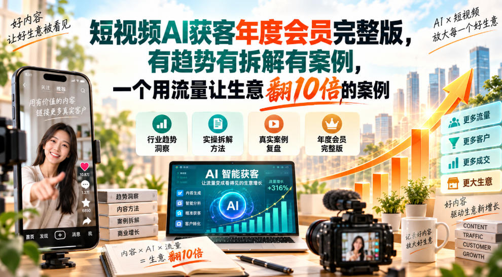 短视频AI获客年度会员完整版，有趋势有拆解有案例，一个用流量让生意翻10倍的案例-迦哆网创社