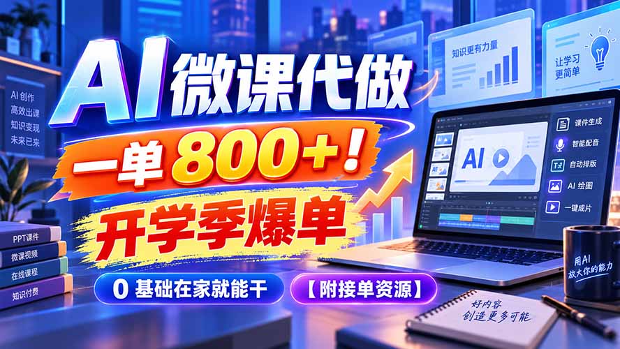 AI 微课代做，一单 800+！开学季爆单，0 基础在家就能干【附接单资源】-迦哆网创社