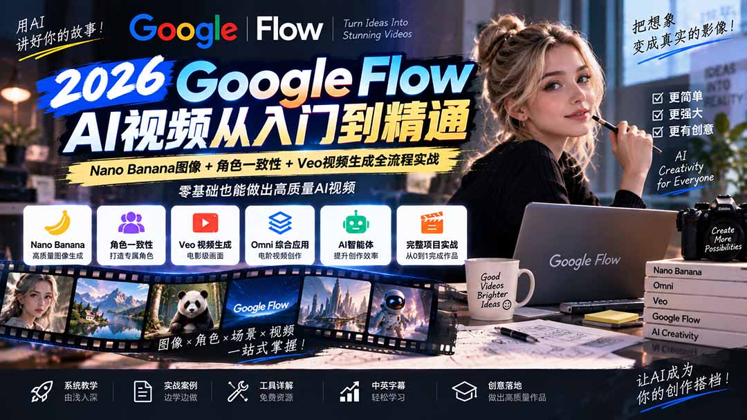 【无水印】Google Flow AI视频从入门到精通：Nano Banana图像+角色一致性+Veo视频生成全流程实战-精翻中英字幕-迦哆网创社