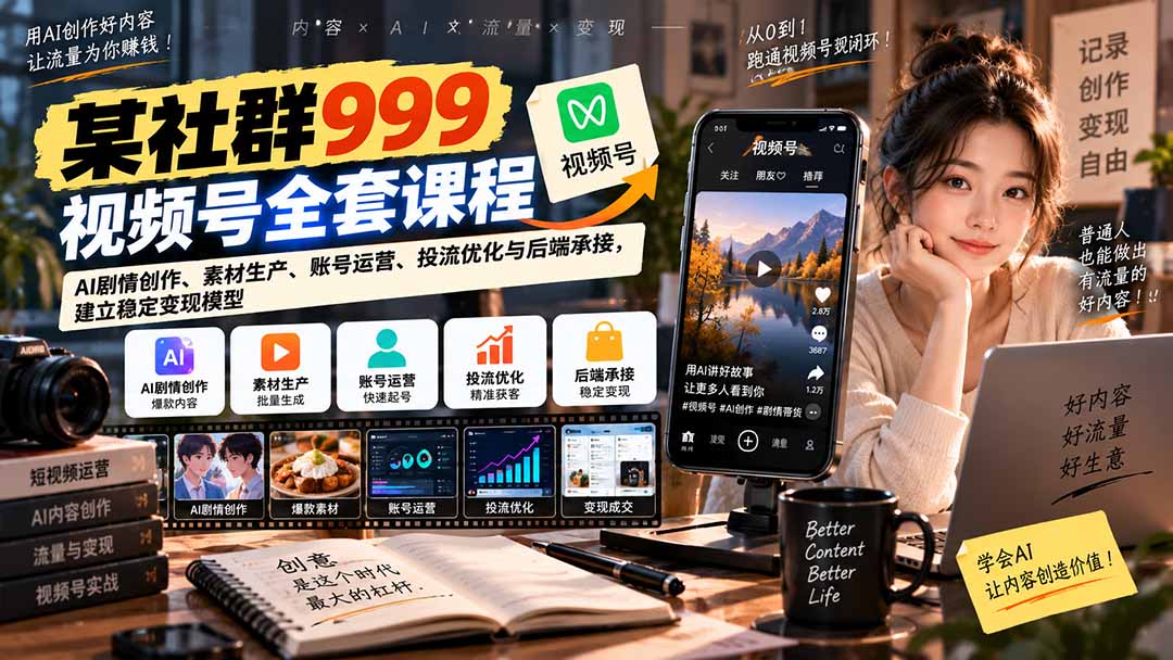【无水印】某社群999视频号全套课程：AI剧情创作、素材生产、账号运营、投流优化与后端承接，建立稳定变现模型-迦哆网创社