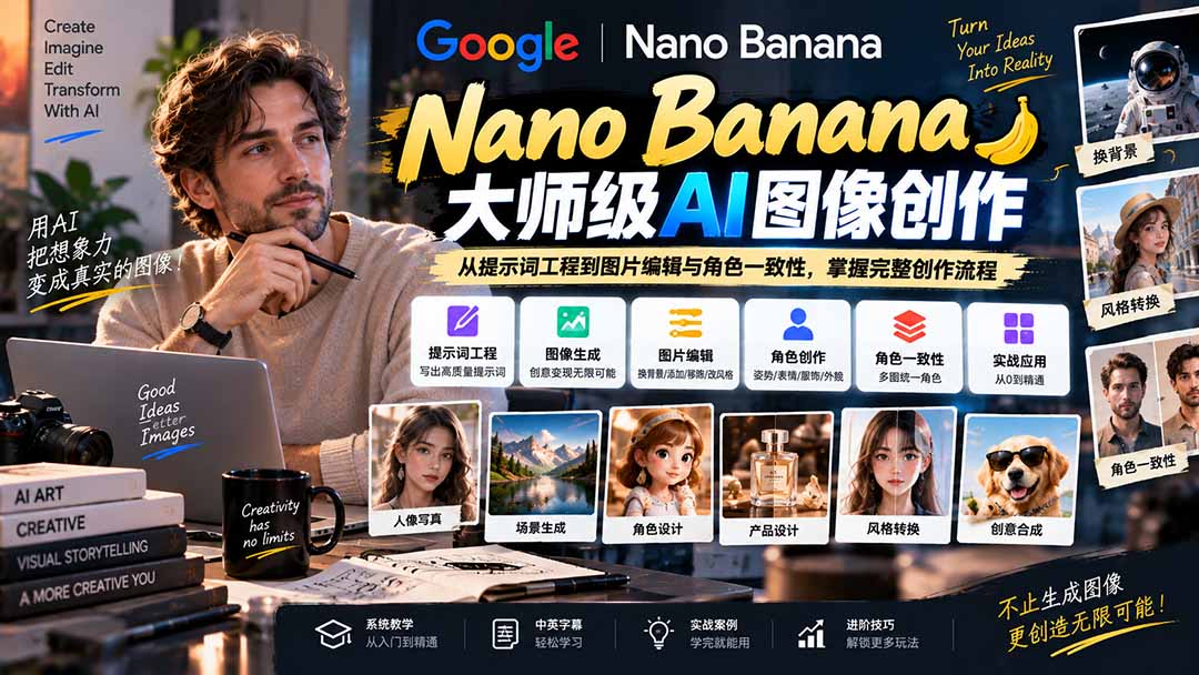 【无水印】Nano Banana大师级AI图像实战课：从提示词工程到图片编辑与角色一致性，掌握完整创作流程-迦哆网创社