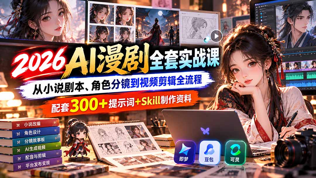 【无水印】2026AI漫剧全套实战课：从小说剧本、角色分镜到视频剪辑全流程，配套300+提示词+Skill制作资料-迦哆网创社