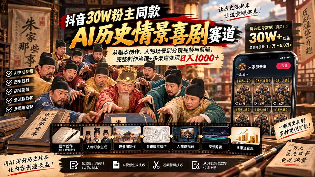 抖音30W粉博主同款AI历史情景喜剧赛道：从剧本创作、人物场景到分镜视频与剪辑，完整制作流程+多渠道变现日入1000+-迦哆网创社