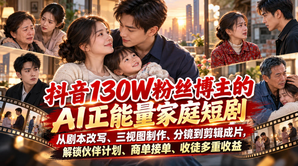 抖音130W粉丝博主的AI正能量家庭短剧,从剧本改写、三视图制作、分镜到剪辑成片,解锁伙伴计划、商单接单、收徒多重收益-迦哆网创社