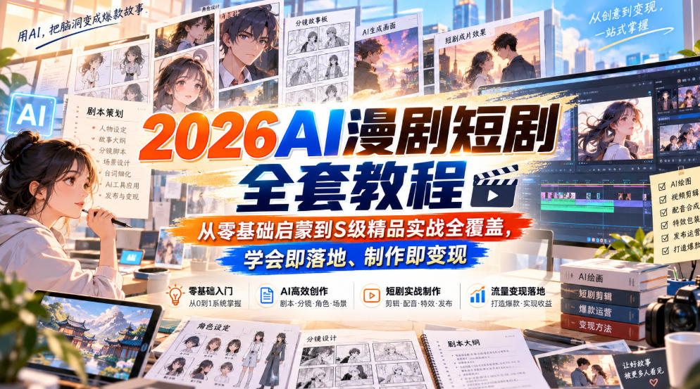 2026AI漫剧短剧全套教程，从零基础启蒙到S级精品实战全覆盖，学会即落地、制作即变现-迦哆网创社