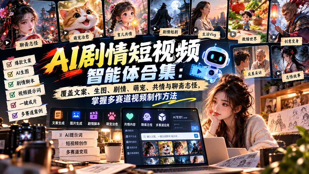 【无水印】AI剧情短视频智能体合集：覆盖文案、生图、剧情、萌宠、共情与聊斋志怪，掌握多赛道视频制作方法-迦哆网创社