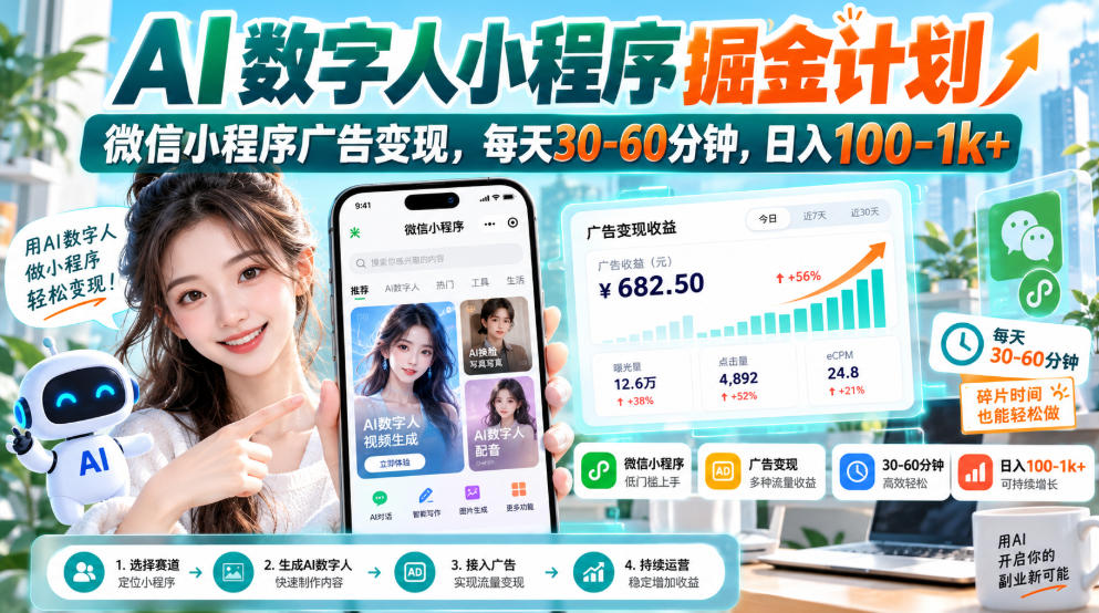 【无水印】AI数字人小程序掘金计划,微信小程序广告变现,每天30‑60分钟,日入100‑1k+-迦哆网创社