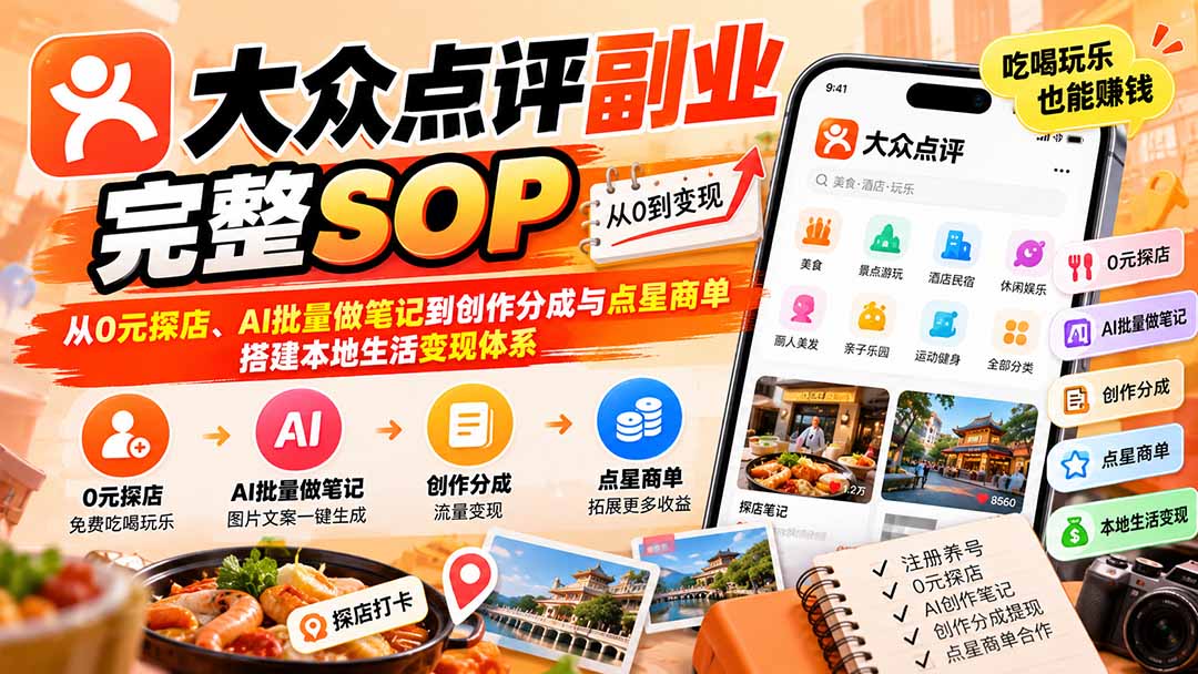 【无水印】大众点评副业完整SOP:从0元探店、AI批量做笔记到创作分成与点星商单,搭建本地生活变现体系-迦哆网创社