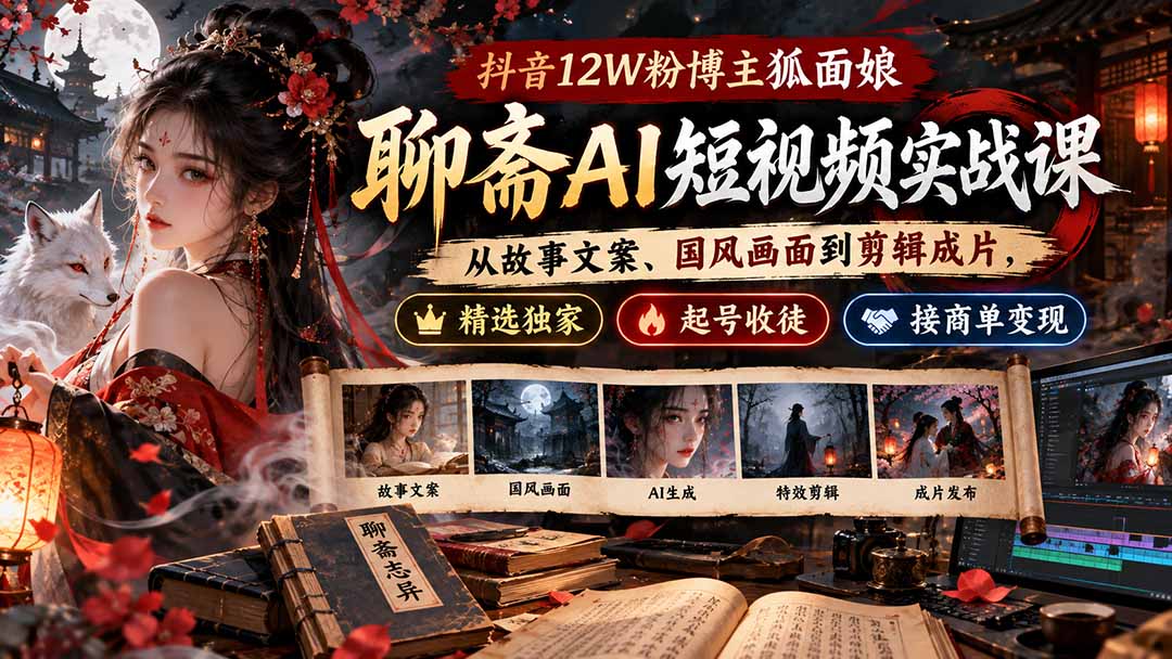 抖音12W粉博主狐面娘-聊斋AI短视频实战课:从故事文案、国风画面到剪辑成片,精选独家+起号收徒+接商单变现-迦哆网创社