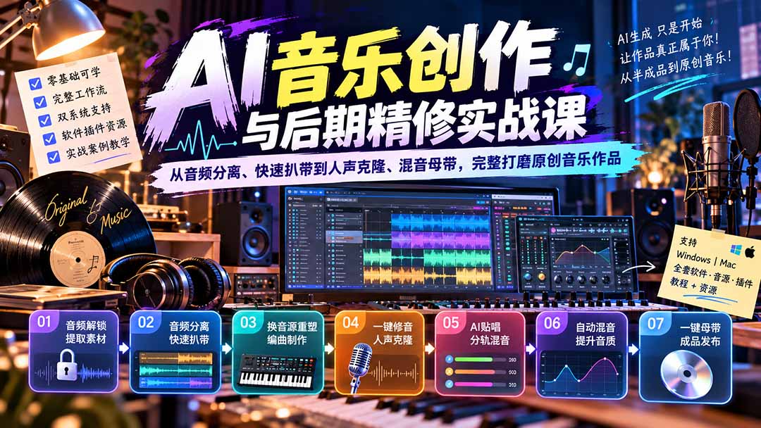 AI音乐创作与后期精修实战课:从音频分离、快速扒带到人声克隆、混音母带,完整打磨原创音乐作品-迦哆网创社
