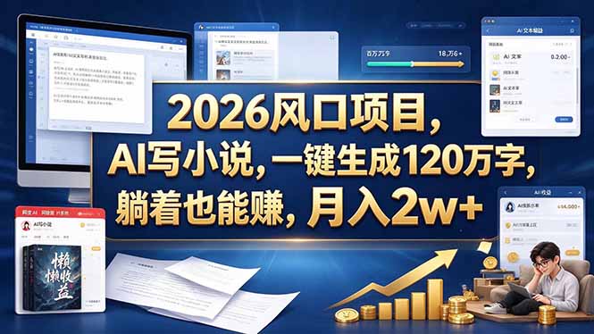 2026 风口项目，AI 写小说，一键生成 120 万字，躺着也能赚，月入 2w +-迦哆网创社