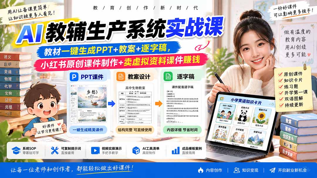 AI教辅生产系统实战课-更新0926|教材一键生成PPT+教案+逐字稿,小红书原创课件制作+卖虚拟资料课件赚钱-迦哆网创社