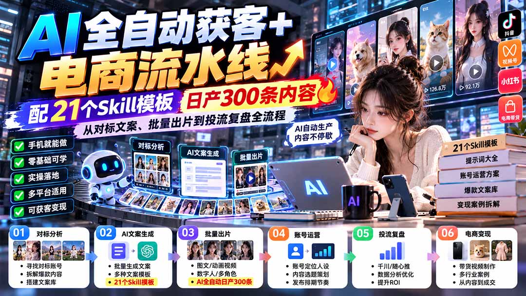 【无水印】AI全自动获客+电商流水线:配21个Skill模板,日产300条内容,从对标文案、批量出片到投流复盘全流程-迦哆网创社