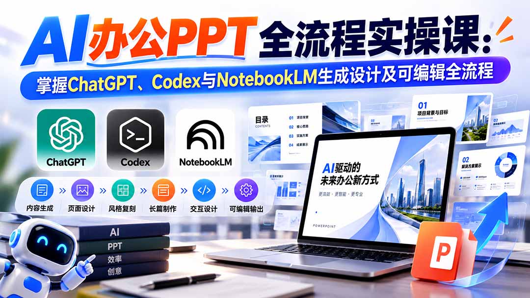 【无水印】AI办公PPT全流程实操课: 掌握ChatGPT、Codex与NotebookLM生成设计及可编辑全流程-迦哆网创社