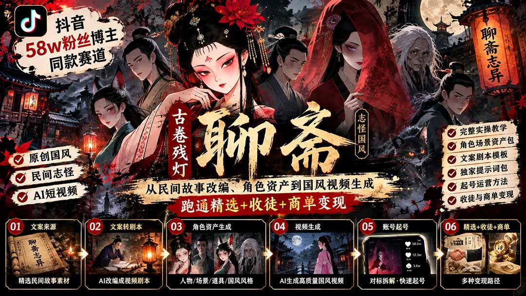抖音58w粉丝博主同款赛道古卷残灯聊斋:从民间故事改编、角色资产到国风视频生成,跑通精选+收徒+商单变现-迦哆网创社