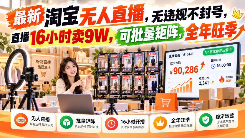最新淘宝无人直播，无违规不封号，直播16小时卖9W，可批量矩阵，全年旺季【揭秘】-迦哆网创社