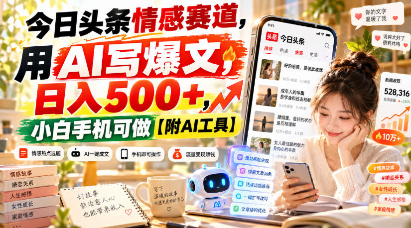 今日头条情感赛道，用AI写爆文，日入500+，小白手机可做【附AI工具】-迦哆网创社