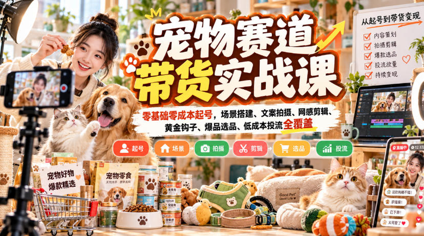 宠物赛道带货实战课，零基础零成本起号，场景搭建、文案拍摄、网感剪辑、黄金钩子、爆品选品、低成本投流全覆盖-迦哆网创社