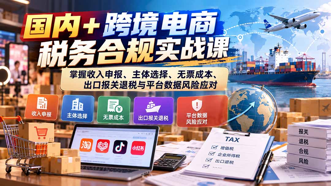 国内+跨境电商税务合规实战课：掌握收入申报、主体选择、无票成本、出口报关退税与平台数据风险应对-迦哆网创社