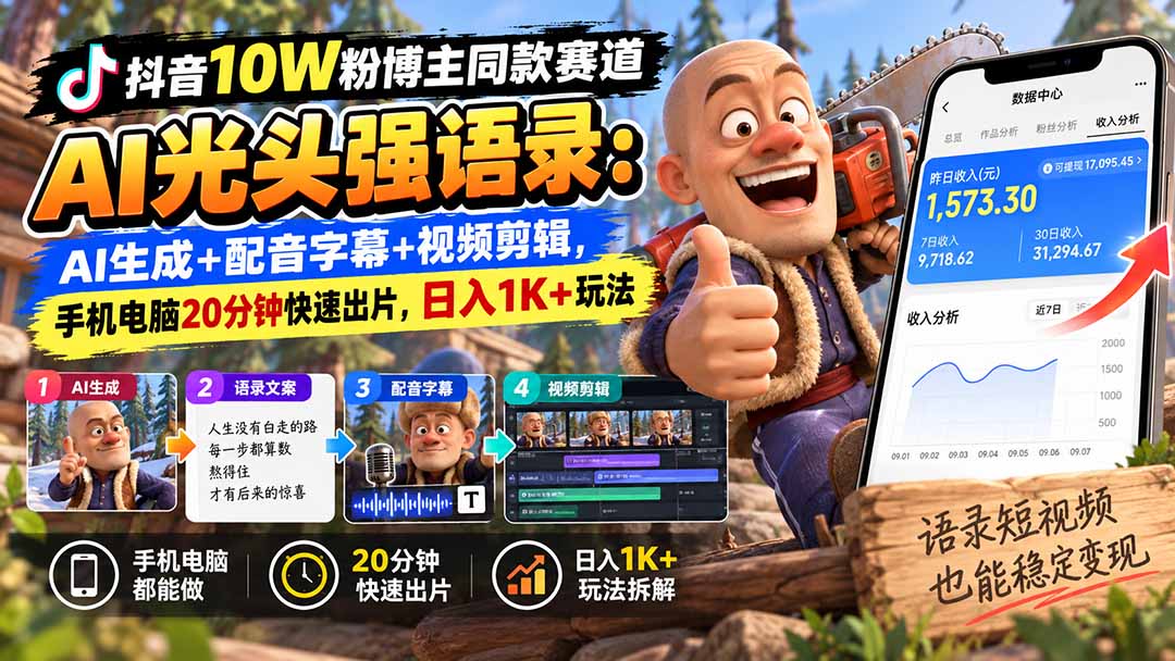 【无水印】抖音10W粉博主同款赛道AI光头强语录：AI生成+配音字幕+视频剪辑，手机电脑20分钟快速出片，日入1K+玩法-迦哆网创社