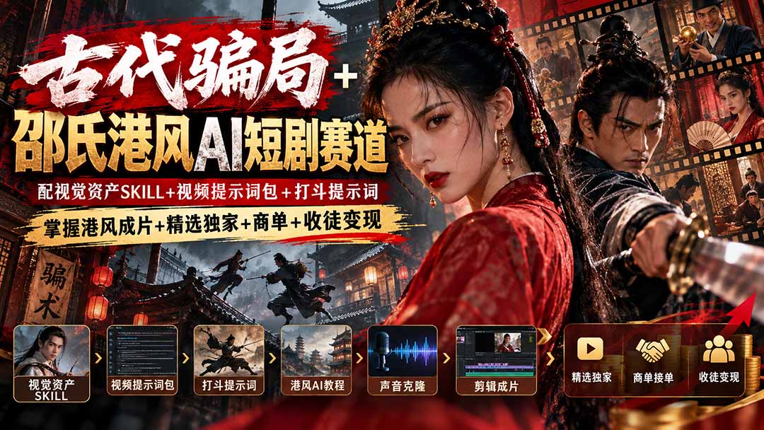 古代骗局+邵氏港风AI短剧赛道：配视觉资产SKILL+视频提示词包+打斗提示词，掌握港风成片+精选独家+商单+收徒变现-迦哆网创社