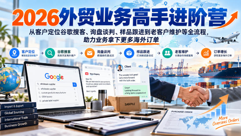 2026外贸业务高手进阶营，从客户定位谷歌搜客、询盘谈判、样品跟进到老客户维护等全流程，助力业务拿下更多海外订单-迦哆网创社