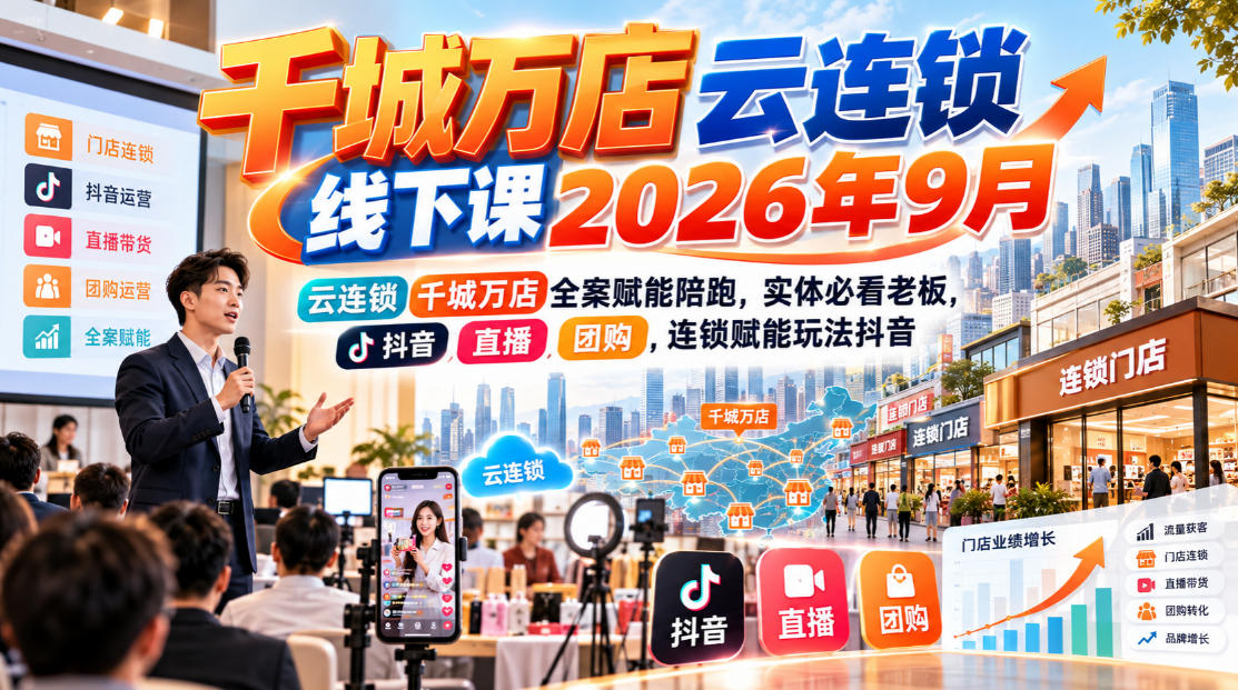 千城万店云连锁线下课2026年9月，云连锁千城万店全案赋能陪跑，实体必看老板，抖音，直播，团购，连锁赋能玩法抖音-迦哆网创社