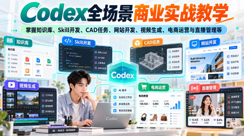 【无水印】Codex全场景商业实战教学，掌握知识库、Skill开发、CAD任务、网站开发、视频生成、电商运营与直播管理等-迦哆网创社
