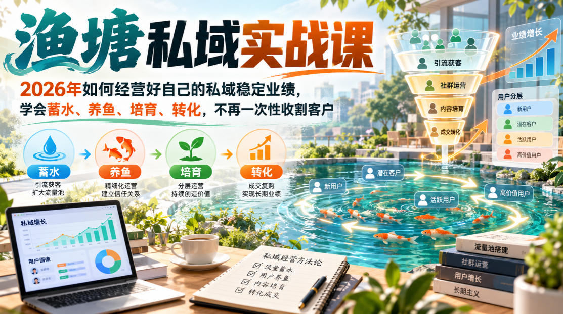 渔塘私域实战课，2026年如何经营好自己的私域稳定业绩，学会蓄水、养鱼、培育、转化，不再一次性收割客户-迦哆网创社